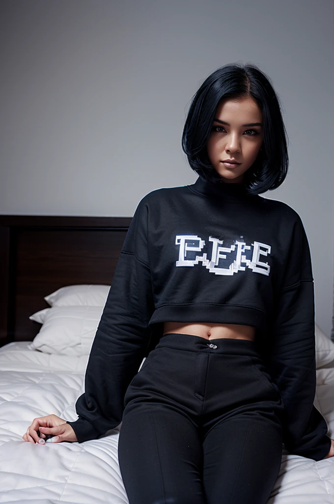 (pixel art: 1.2), beautiful gothic women, sexy gothic girl, designer sweatshirt coat with logos, pants, short black hair with blue tips, bedroom, Lying on the bed, (by Isaac Quek: 0.8) [por Ilia Kuvshinov: 0.65]