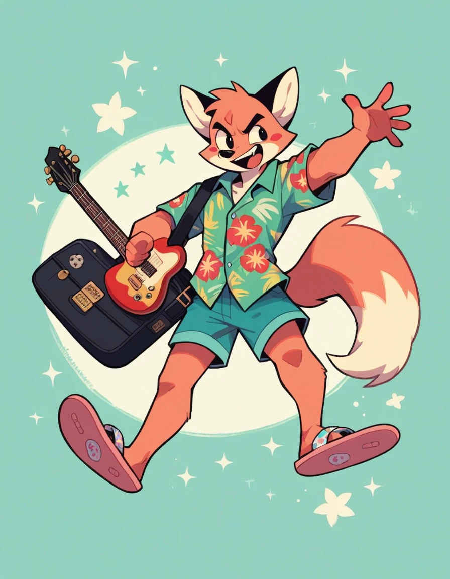 A pale red fluffy fox in a full-length turquoise Hawaiian shirt and flip-flop slippers holds in his hands a guitar case that is covered in stickers and stamps