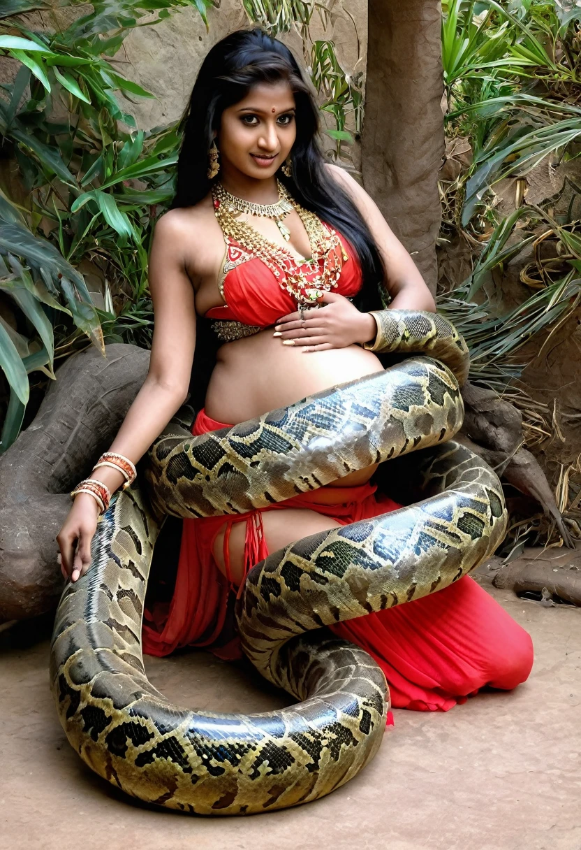 Pregnant  Happy Horny, aroused 1girl), beautiful kneeling Indian   belly dancer girl  with  giant colossal Kaa monster squeezing her hard, wrapped in thick spiraling coils, constricted, struggle, gasping for air, snake attack, snake peril,