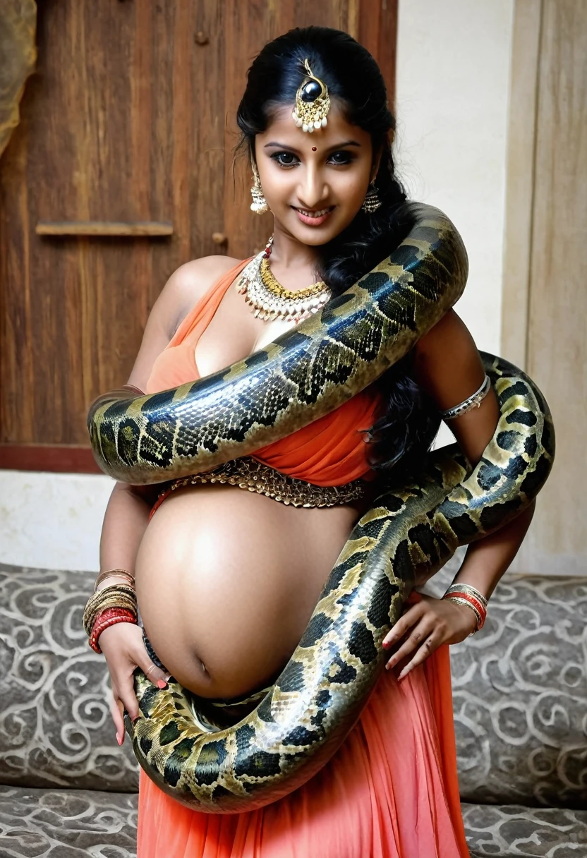 Pregnant  Happy Horny, aroused 1girl), beautiful kneeling Indian   belly dancer girl  with  giant colossal Kaa monster squeezing her hard, wrapped in thick spiraling coils, constricted, struggle, gasping for air, snake attack, snake peril,