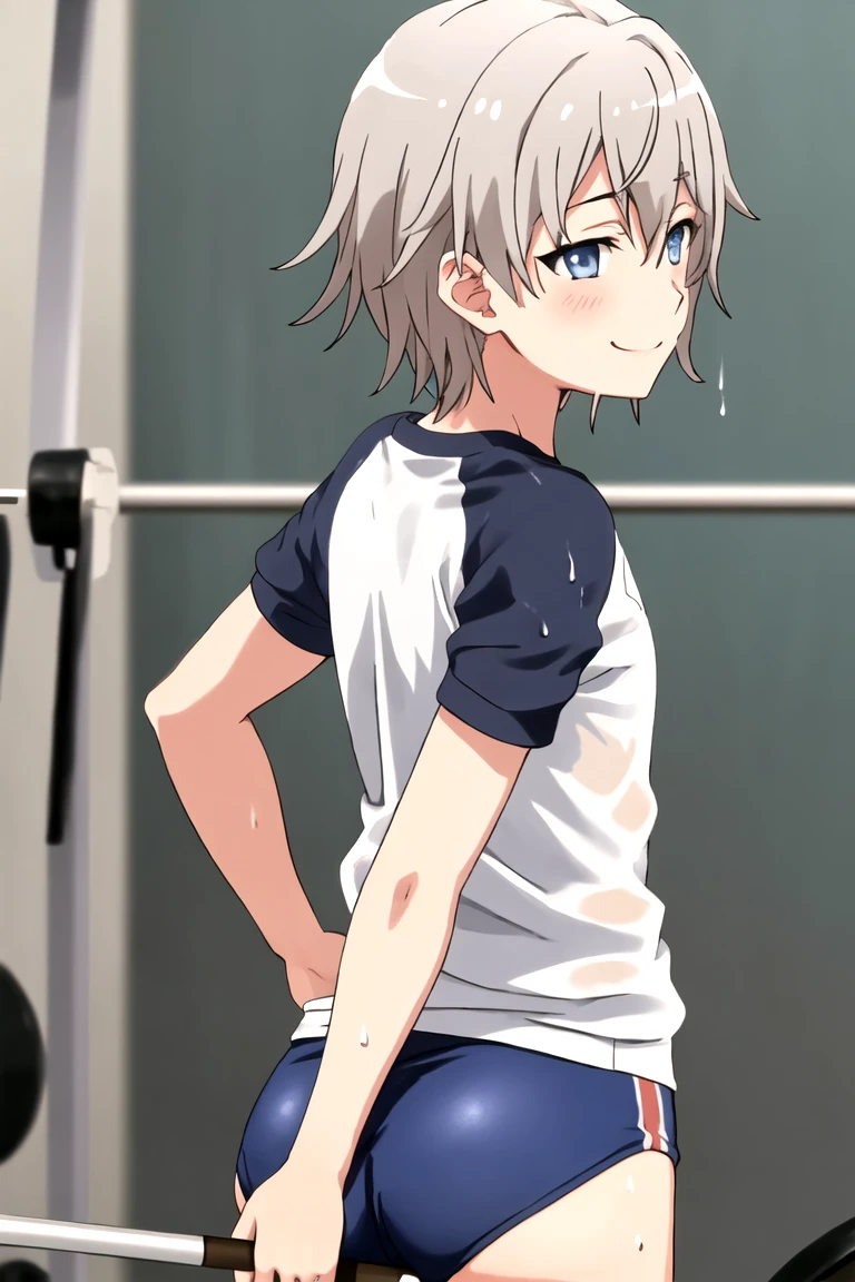 totsuka_almost_yahariorenoseishunlovecomewamachigatteiru grey_hair, short_hair, male_focus, blue_eyes, blush, smile, gym uniform escolar corto, the butt sticks out of the clothes, marked rear, gym uniform, wet white t-shirt, the shirt is transparent