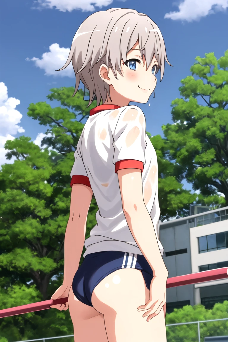 totsuka_almost_yahariorenoseishunlovecomewamachigatteiru grey_hair, short_hair, male_focus, blue_eyes, blush, smile, gym uniform escolar corto, the butt sticks out of the clothes, marked rear, gym uniform, wet white t-shirt, the shirt is transparent