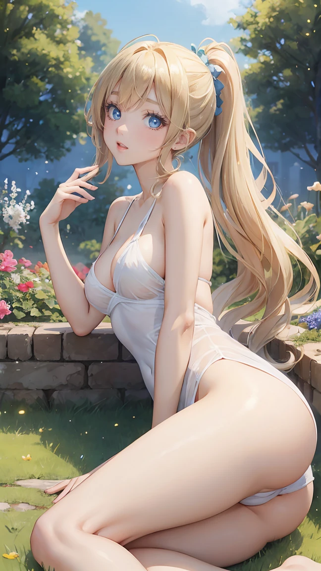 (masterpiece:1.2), (Highest quality:1.2),, Curvy but slender body, Perfect Eyes, Perfect Face, Perfect lighting, 1 girl, in the garden, (I can see your feet),(Tunic),(good),(Cute gestures),(I can see your ass),(ponytail),Curly Hair, Quality clothing, Detailed outdoor background, Compensate, eye shadow, Thick eyelashes, Fantasy, Looking at the audience, whole body,blue sky、Bright and very beautiful face、Young and shiny white glossy skin、The ultimate beauty、The most beautiful light blonde hair in the world、Thin Hair、Long Hair、Shiny beautiful bangs、Big, clear, shining blue eyes、Very beautiful and adorable 17 year old girl, the most beautiful in the world、Small breasts