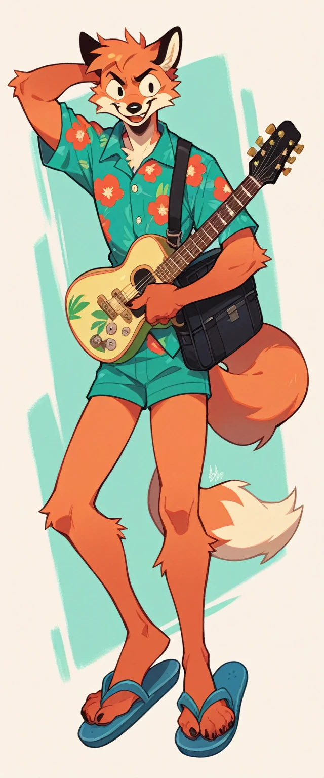 A pale red fluffy fox in a full-length turquoise Hawaiian shirt and flip-flop slippers holds in his hands a guitar case that is covered in stickers and stamps
