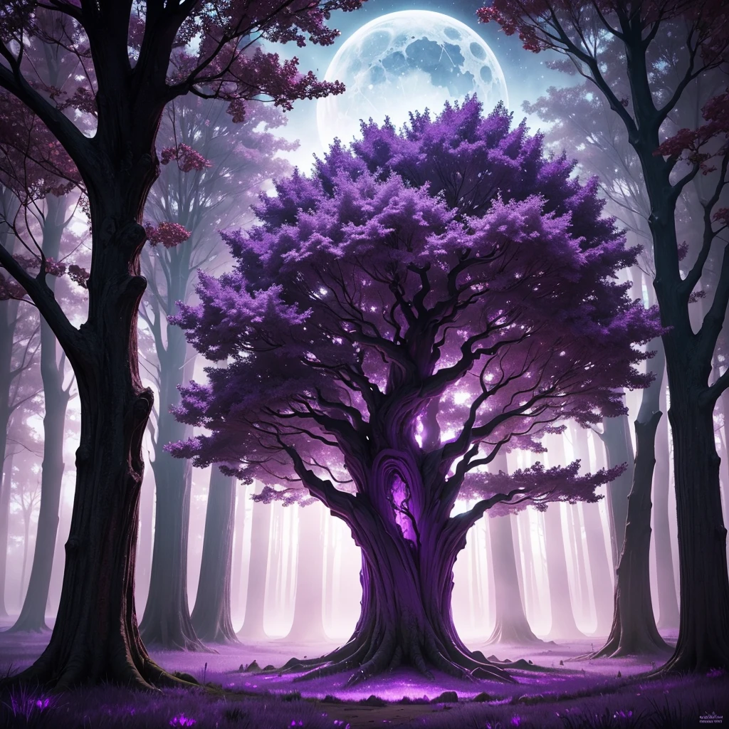 **Create an image of a mystical tree with a deep purple color scheme. The tree should have an otherworldly, enchanting appearance, with rich, vibrant purple leaves and a gnarled, ancient trunk that blends various shades of purple. The tree can be set against a fantastical background, such as a starry night sky, a glowing moon, or a mystical fog that complements the purple tones. The scene should evoke a sense of magic and wonder, with subtle glowing elements or light effects that highlight the tree's ethereal quality.**