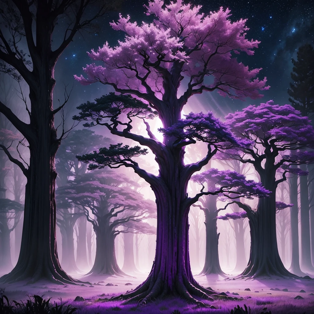 **Create an image of a mystical tree with a deep purple color scheme. The tree should have an otherworldly, enchanting appearance, with rich, vibrant purple leaves and a gnarled, ancient trunk that blends various shades of purple. The tree can be set against a fantastical background, such as a starry night sky, a glowing moon, or a mystical fog that complements the purple tones. The scene should evoke a sense of magic and wonder, with subtle glowing elements or light effects that highlight the tree's ethereal quality.**