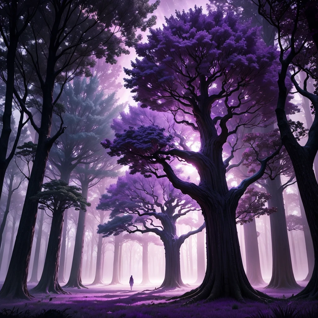 **Create an image of a mystical tree with a deep purple color scheme. The tree should have an otherworldly, enchanting appearance, with rich, vibrant purple leaves and a gnarled, ancient trunk that blends various shades of purple. The tree can be set against a fantastical background, such as a starry night sky, a glowing moon, or a mystical fog that complements the purple tones. The scene should evoke a sense of magic and wonder, with subtle glowing elements or light effects that highlight the tree's ethereal quality.**