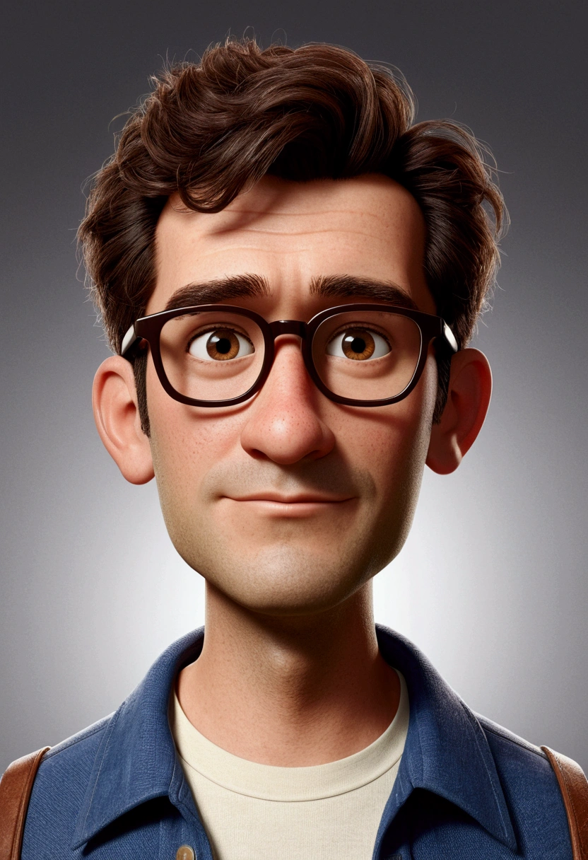 Make a Pixar Character, HOME, offwhite, coulos, low hair, Brown color, RECTANGULAR GLASSES, orelhudo, He's nice, Youngh, com 30 anos