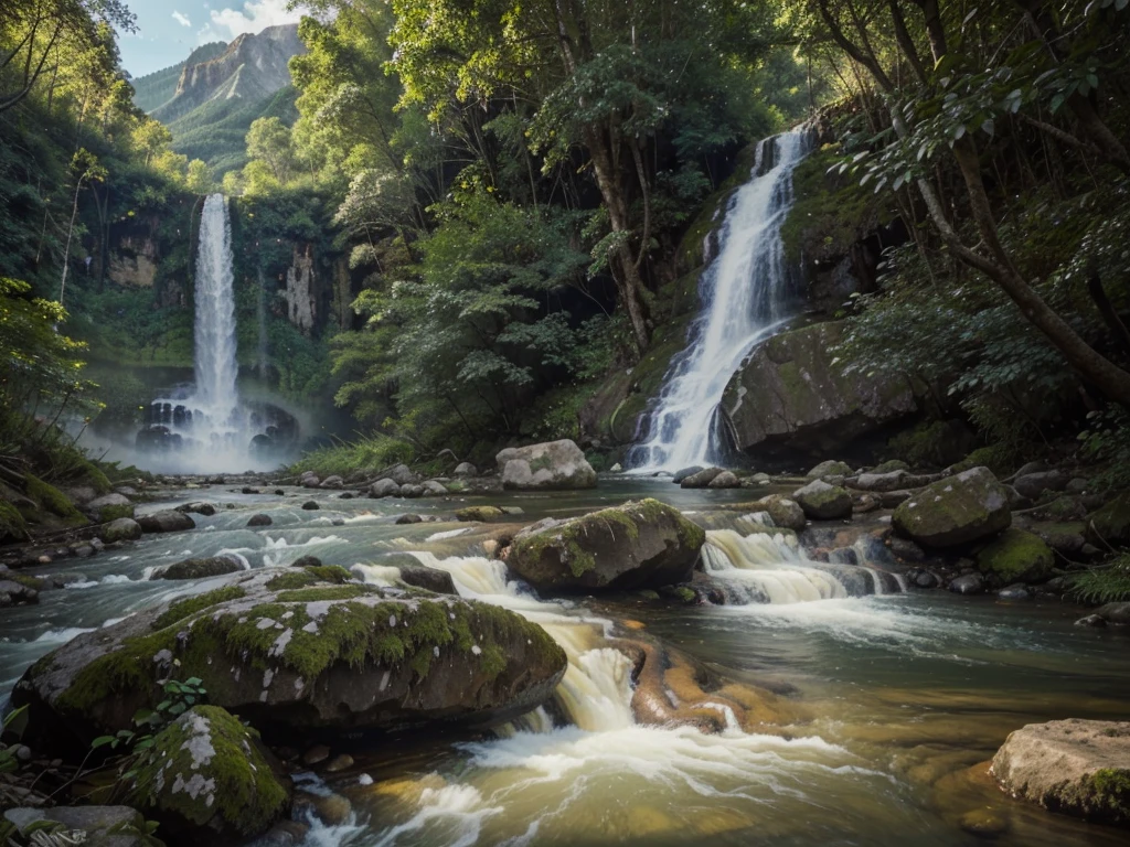 nature painting with mountain seen from far away background with waterfall and jungle surround, and river flowing between rocky mountain, add forest animal drinking on river and eagle flying over river, amazing 4k detailed color, wonderful nature painting art, full of color and rich of detail