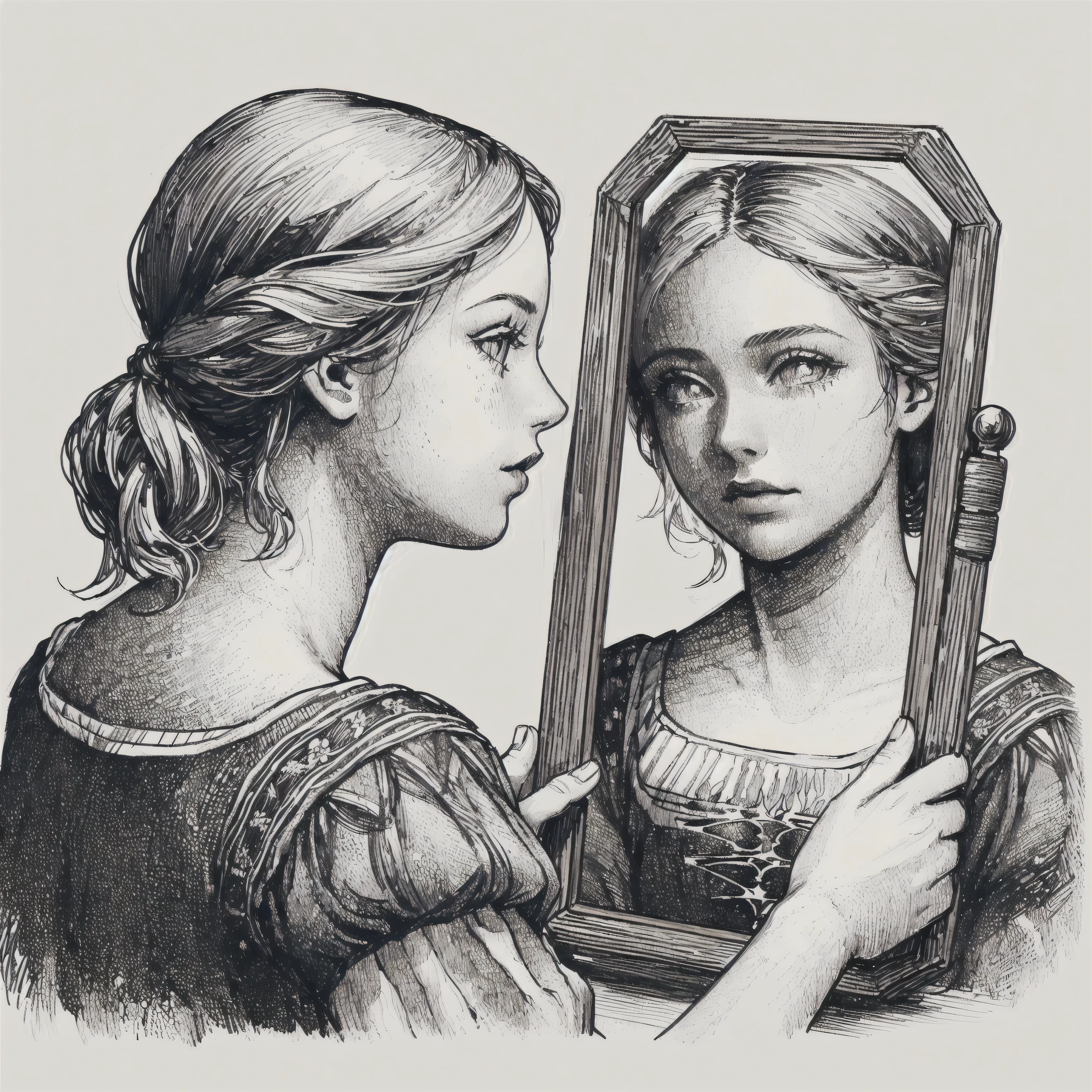 a drawing of a girl looking in a mirror, with a mirror, thief pajamas, looking in the mirror, looking in a mirror, looking in a mirror, looking in the mirror, reflecting, alex gross, reflected, Benjamin Lacombe, mirror reflection, with many mirrors, Beautiful drawing style, admiring your own reflection, standing in front of a mirror