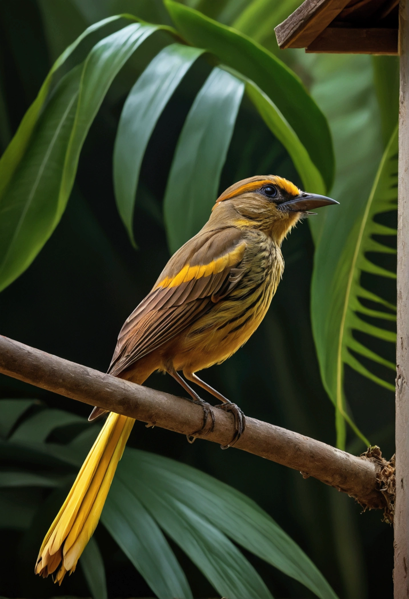 A captivating jungle scene shows a colorfully striped, rare and mischievous yellow-brown bird perched in a small house, its long, elegant tail adorned with intricate structures and its feathers are striped. The bird, with its beautiful and graceful behavior, exudes an air of elegance and mystery. This high-quality nature photography, expertly captured by Sudip Roy using a Canon EOS R6, offers a stunning display of the bird's unique beauty and the lush, vibrant jungle environment
