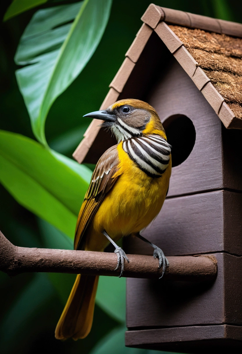 A captivating jungle scene shows a colorfully striped, rare and mischievous yellow-brown bird perched in a small house, its long, elegant tail adorned with intricate structures and its feathers are striped. The bird, with its beautiful and graceful behavior, exudes an air of elegance and mystery. This high-quality nature photography, expertly captured by Sudip Roy using a Canon EOS R6, offers a stunning display of the bird's unique beauty and the lush, vibrant jungle environment