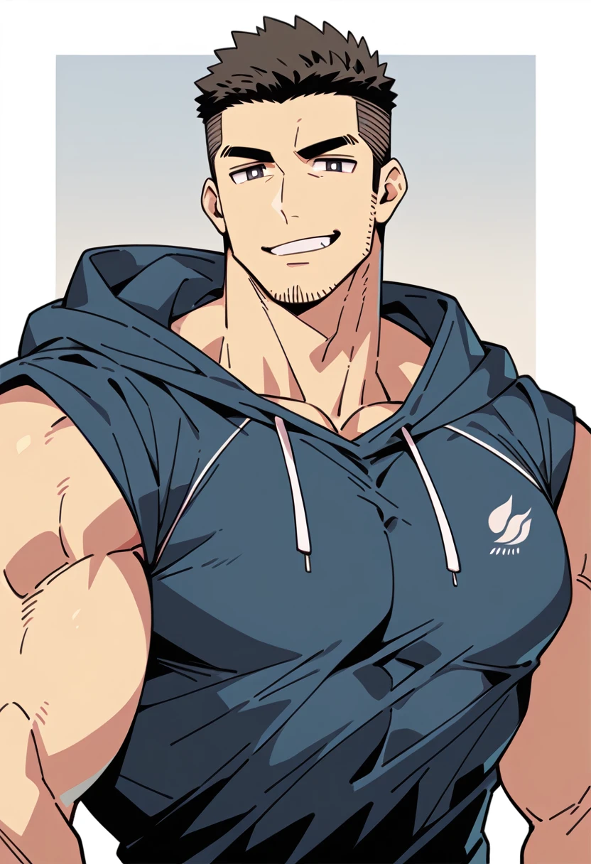 anime characters：Priapus, Dark Yellow Skin Muscle Sports Student, Manliness, male focus, Sports tight hooded sweatshirt, Under Armour Brand, Wear a high-necked tights underneath, Very tight, Huge pectoral muscles, muscular male, muscular, Perfect muscular waist, only, Upper body, alone, Red short hair, Thick eyebrows, stubble, Brown-red pupils, White background, simple background, amazing quality, best aesthetics, Ridiculous, crew cut, smirk, bright pupils, grin, negative space, negative space, best quality