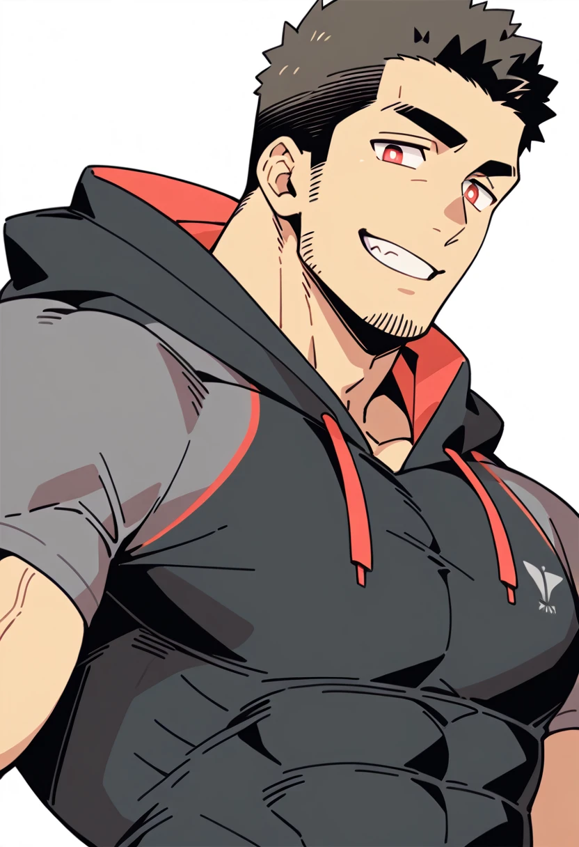 anime characters:Priapus, Dark Yellow Skin Muscle Sports Student, Manliness, male focus, Sports tight hooded sweatshirt, Under Armour Brand, Wear a high-necked tights underneath, Very tight, Huge pectoral muscles, muscular male, muscular, Perfect muscular waist, only, Upper body, alone, Red short hair, Thick eyebrows, stubble, Brown-red pupils, White background, simple background, amazing quality, best aesthetics, Ridiculous, crew cut, smirk, bright pupils, grin, negative space, negative space, best quality