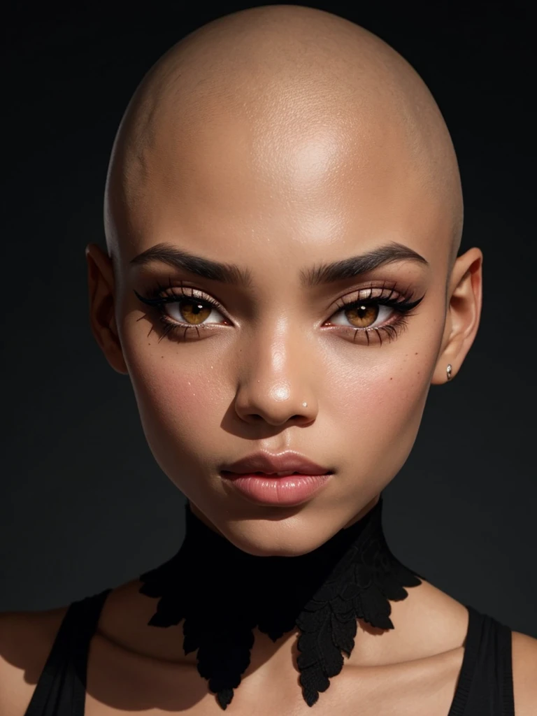 beautiful woman, black, bald, face, close up, front, clear skin, pinterest, instagram model, makeup