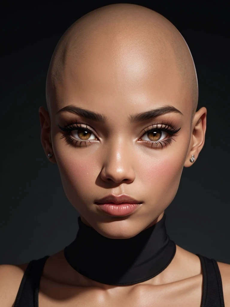 beautiful woman, black, bald, face, close up, front, clear skin, pinterest, instagram model, makeup