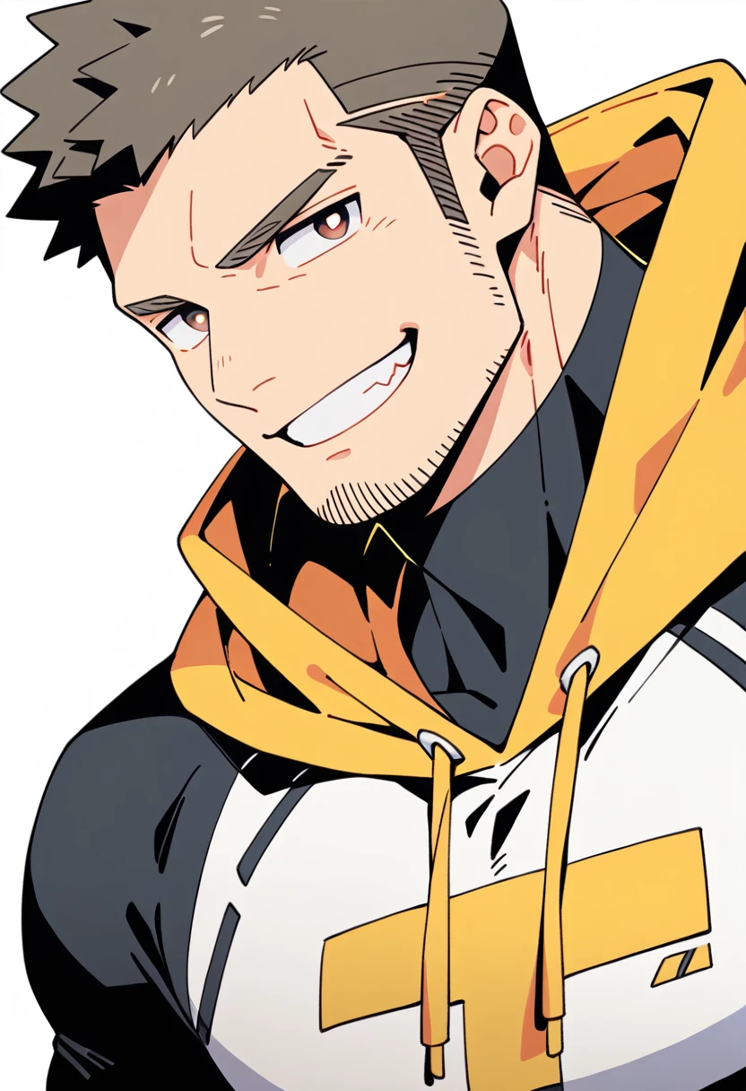 anime characters：Priapus, Dark Yellow Skin Muscle Sports Student, Manliness, male focus, Sports tight hooded sweatshirt, Under Armour Brand, Wear a high-necked tights underneath, Very tight, Huge pectoral muscles, muscular male, muscular, Perfect muscular waist, only, Upper body, alone, Red short hair, Thick eyebrows, stubble, Brown-red pupils, White background, simple background, amazing quality, best aesthetics, Ridiculous, crew cut, smirk, bright pupils, grin, negative space, negative space, best quality