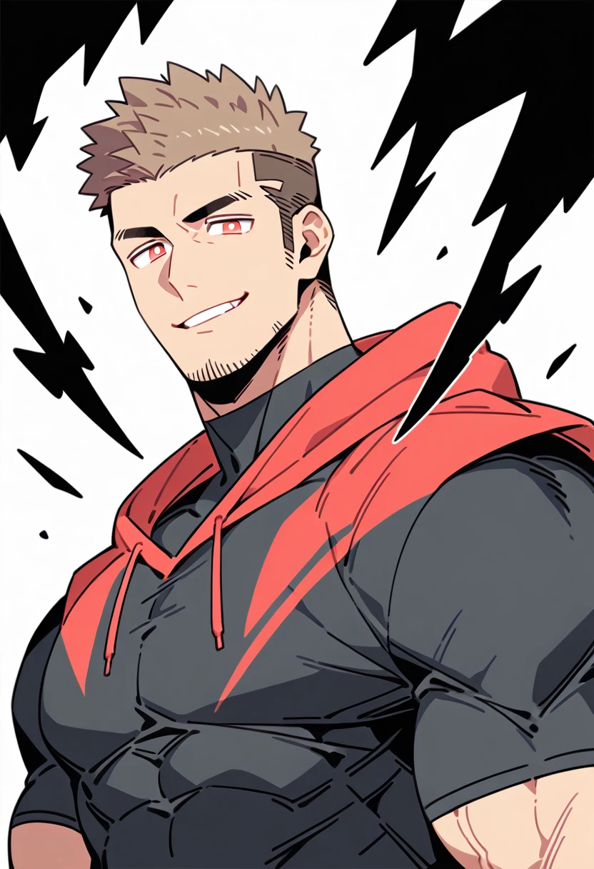 anime characters:Priapus, Dark Yellow Skin Muscle Sports Student, Manliness, male focus, Sports tight hooded sweatshirt, Under Armour Brand, Wear a high-necked tights underneath, Very tight, Huge pectoral muscles, muscular male, muscular, Perfect muscular waist, only, Upper body, alone, Red short hair, Thick eyebrows, stubble, Brown-red pupils, White background, simple background, amazing quality, best aesthetics, Ridiculous, crew cut, smirk, bright pupils, grin, negative space, negative space, best quality