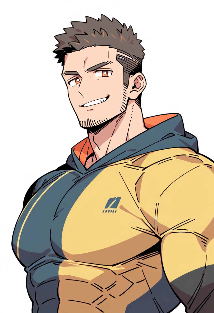 anime characters：Priapus, Dark Yellow Skin Muscle Sports Student, Manliness, male focus, Sports tight hooded sweatshirt, Under Armour Brand, Wear a high-necked tights underneath, Very tight, Huge pectoral muscles, muscular male, muscular, Perfect muscular waist, only, Upper body, alone, Red short hair, Thick eyebrows, stubble, Brown-red pupils, White background, simple background, amazing quality, best aesthetics, Ridiculous, crew cut, smirk, bright pupils, grin, negative space, negative space, best quality