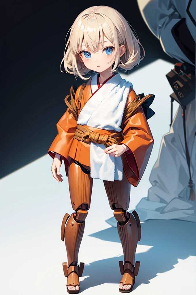 Wooden Humanoid Robot,Wood grain body,child女に似せて作られた,wear the kimono,child,児,Small,Illustrated,((Hand out a towel)),zoom in