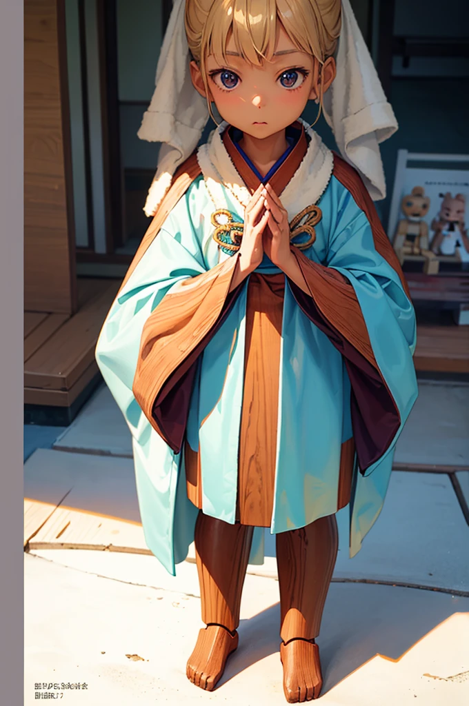 Wooden Humanoid Robot,Wood grain body,child女に似せて作られた,wear the kimono,child,児,Small,Illustrated,((Hand out a towel)),zoom in