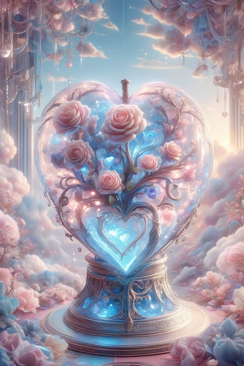 Digital Art,Concept Art,Octane Rendering,Unreal Engine,Dreamy scene,Delicate and rich light and color,Great light and shadow effects and color combinations,Aesthetic and romantic,Surreal,Magic,Fantasist,wonderful,Glamorous and complex,Unimaginable beauty,
Shine [pink|purple] Transparent roses and glowing blue plants (Heart-shaped:1.5) Glass container,
This container in the book of love stories,Very romantic atmosphere,Nostalgic atmosphere,A composition with gentle light and lingering resonance,Depth of written boundary,welcome,cotton candy,