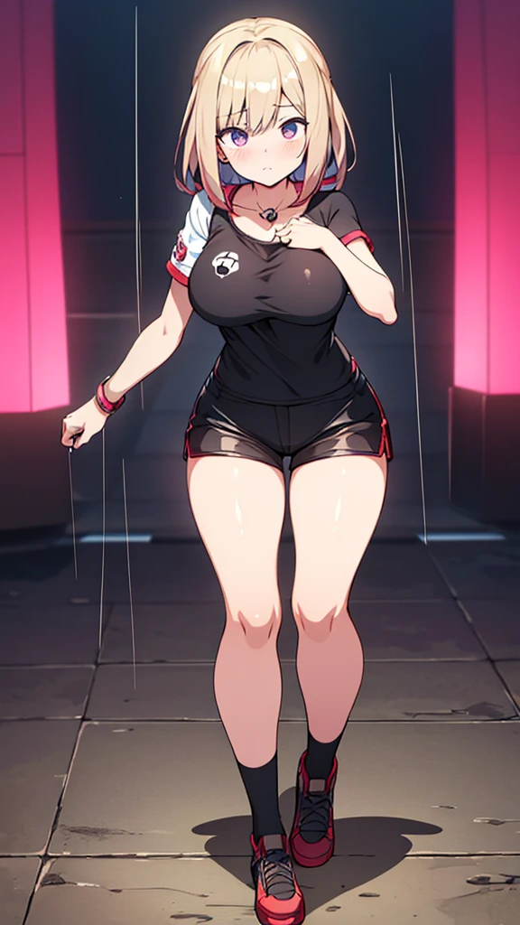 Full body image, front, One girl, 18-year-old, Mix 4, (32K, RAW Photos, Highest quality, masterpiece:1.2), (Anime-like, photoAnime-like:1.37), cute, カジュアルウェア, Short sleeve T-shirt,Shorts,Black knee socks, night, rain, Humidity, Professional Lighting, Photon Mapping, Radio City, Physically Based Rendering, Super Resolution, (Big Breasts:1.2), {{The biological weapon that had preyed on the younger sister took her place and reunited with the older brother, The rebellious  sister has become the obedient little sister}}, Girl Skull, whole body, NSFW