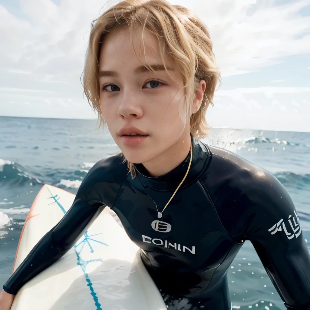surfer in wetsuit holding a surfboard in the ocean, Jimin, , park Jimin, the ocean in the background, ocean in the background, , accurate Jimin face, surf, Jimin\full lips, in the ocean water, in the ocean, blond hair, blonde fur, Wavy