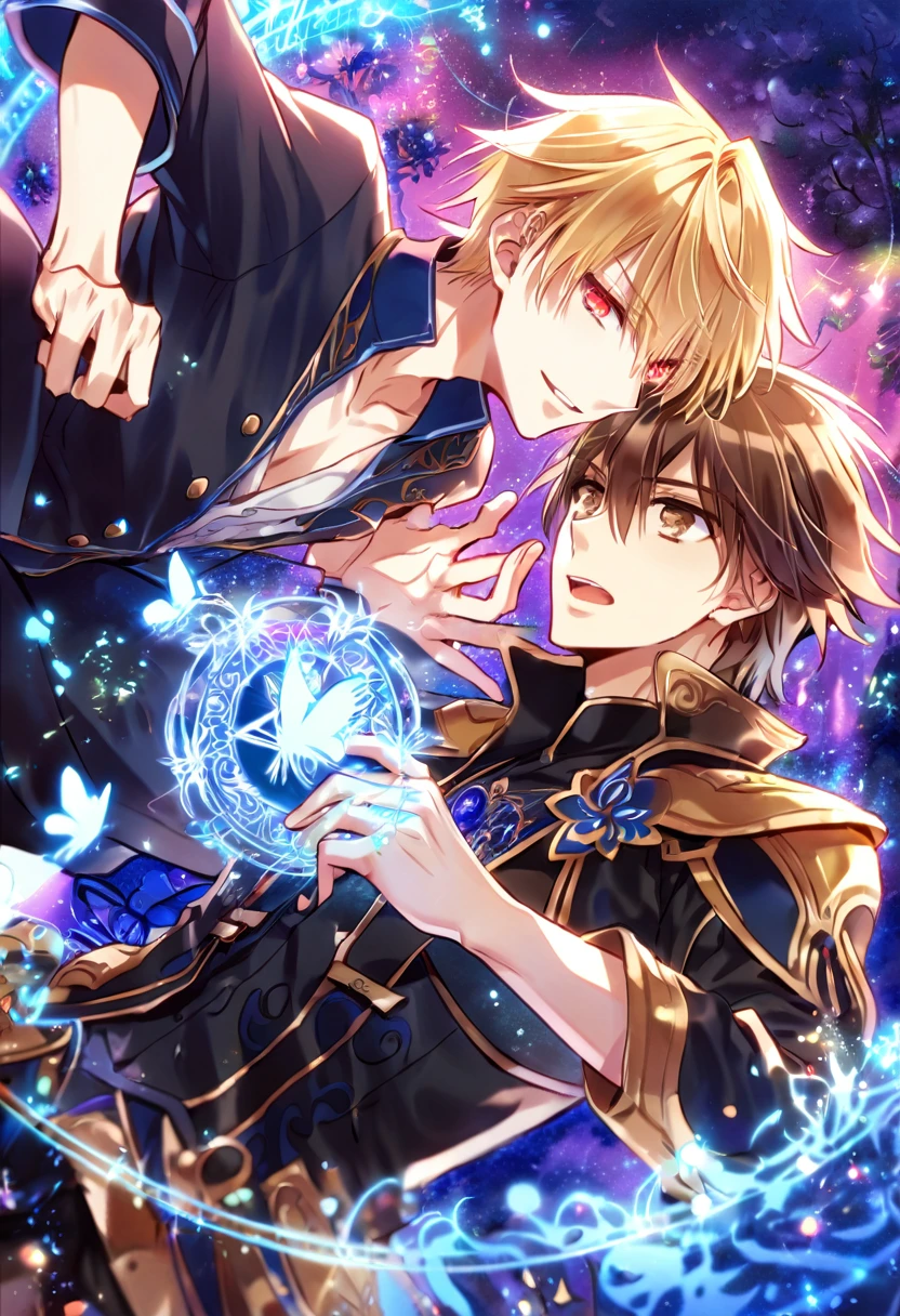 absurd resolution, high resolution, ultra detailed, detailed eyes, extremely detailed, HDR, 8K, Gilgamesh, blonde hair, expressive red eyes, Fate Extra ccc, Kishinami Hakuno, brown hair, expressive brown eyes, two sexy men together, yaoi, gay couple, handsome, black clothes, fantasy, cool, magical, mana, blue magic circle, blue glittering butterflies, blue dust flying around, blue spider lilies