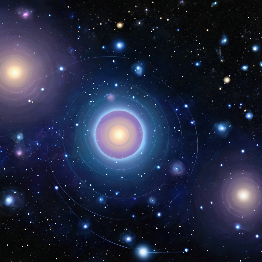 1. space background: A starry background representing the vast universe.
2. Olbers' paradox: An image of the night sky with stars.
3. Fermi paradox: A symbol of aliens or UFO.
4. Hotel de Hilbert: A stylized hotel with infinite numbers in the rooms.
6. Attractive text: “Exploring the Paradoxes of the Infinite Universe.