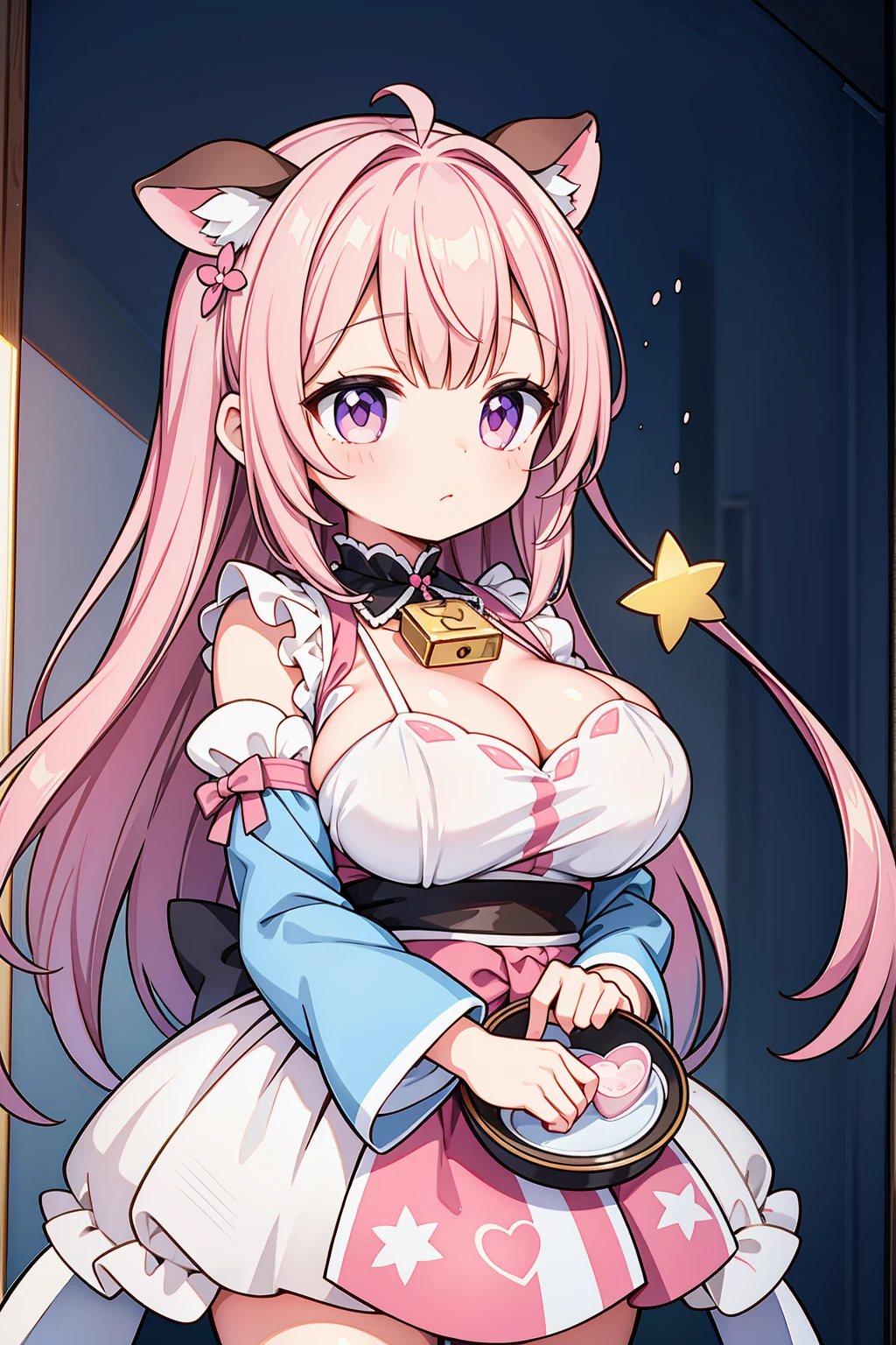 A masterpiece of a mature woman with big breasts, dressed in a pastel pink Japanese maid cafe outfit, with studio lights and beautiful shading, featuring kawaii elements like cow ears and pastel pink spots on ears, cute pastel colors, pastel blue rainbow hair with highlights, decorated with hairclips, ornaments, stars, hearts, and a cowbell. The image should have ultra detailed and best quality, with cinematic lighting and an adorable, decora style with many accessories.
