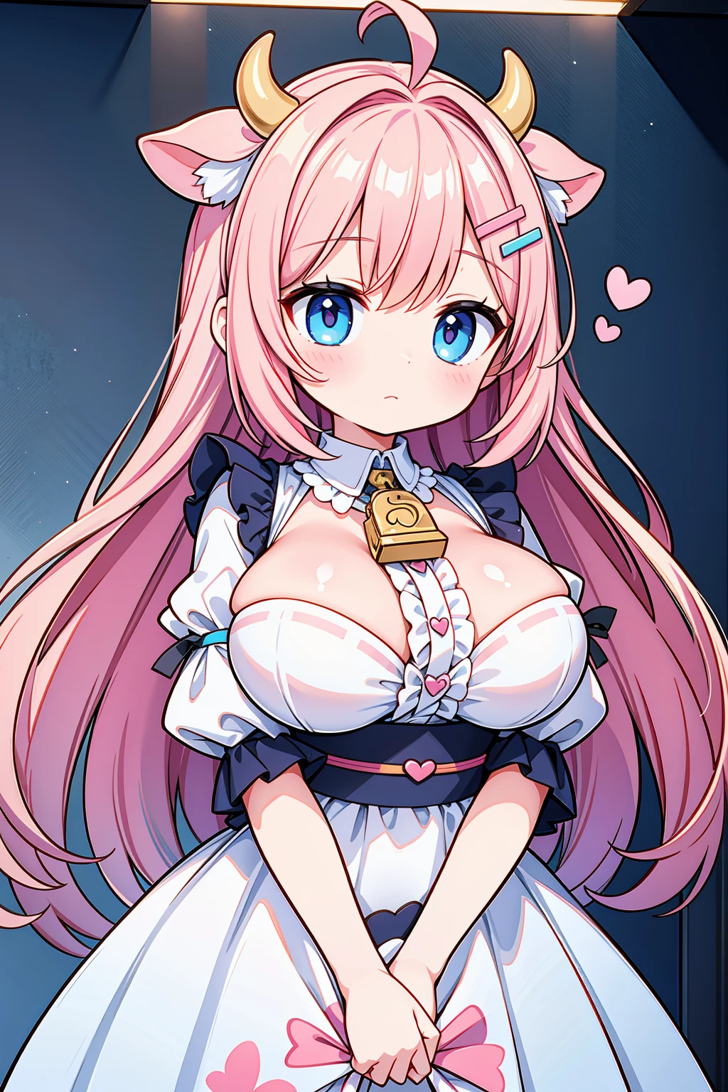 A masterpiece of a mature woman with big breasts, dressed in a pastel pink Japanese maid cafe outfit, with studio lights and beautiful shading, featuring kawaii elements like cow ears and pastel pink spots on ears, cute pastel colors, pastel blue rainbow hair with highlights, decorated with hairclips, ornaments, stars, hearts, and a cowbell. The image should have ultra detailed and best quality, with cinematic lighting and an adorable, decora style with many accessories.