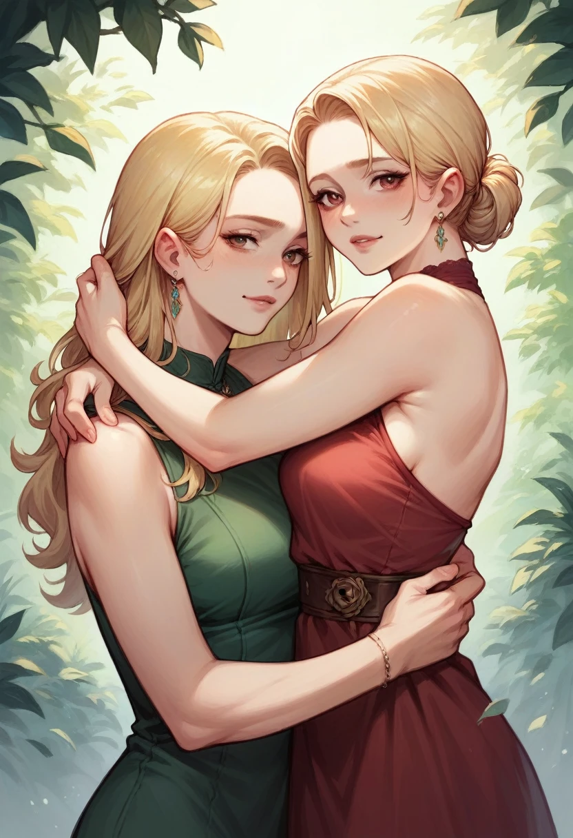 Strong woman with cold blonde hair,  hugging her body with burgundy dress ,about to let her hair down, detailed face and detailed body