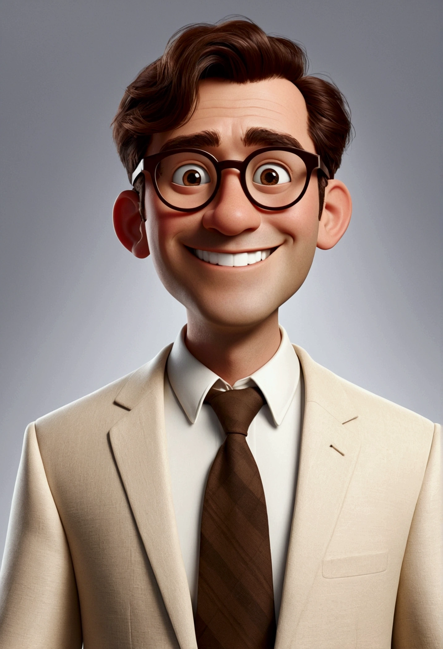 Make a Pixar Character, HOME, offwhite, coulos, low hair, Brown color, RECTANGULAR GLASSES, orelhudo, He's nice, Youngh, com 30 anos, Oval face, Youngh, Grinning