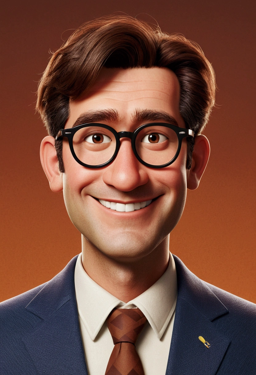 Make a Pixar Character, HOME, offwhite, coulos, low hair, Brown color, RECTANGULAR GLASSES, orelhudo, He's nice, Youngh, com 30 anos, Oval face, Youngh, Grinning