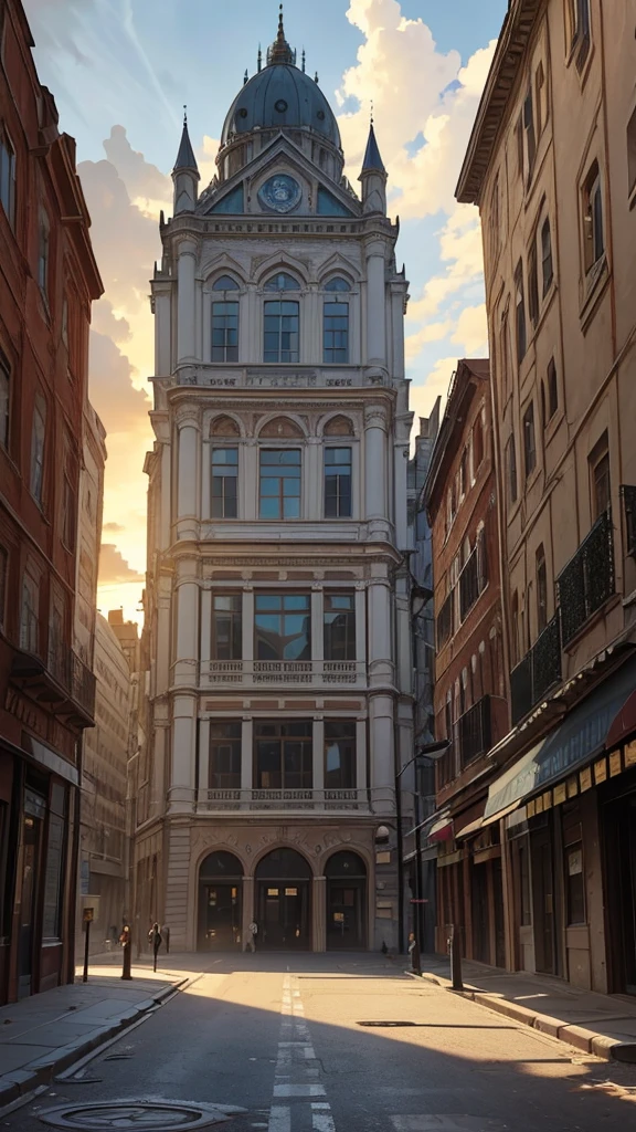 Old Building in the City Center: An image of an old, imposing building in the city center. The building has classic architecture with ornate details worn by time. Some windows are broken or covered in dust, and there's a sense of abandonment, with long shadows and a cloudy sky in the background