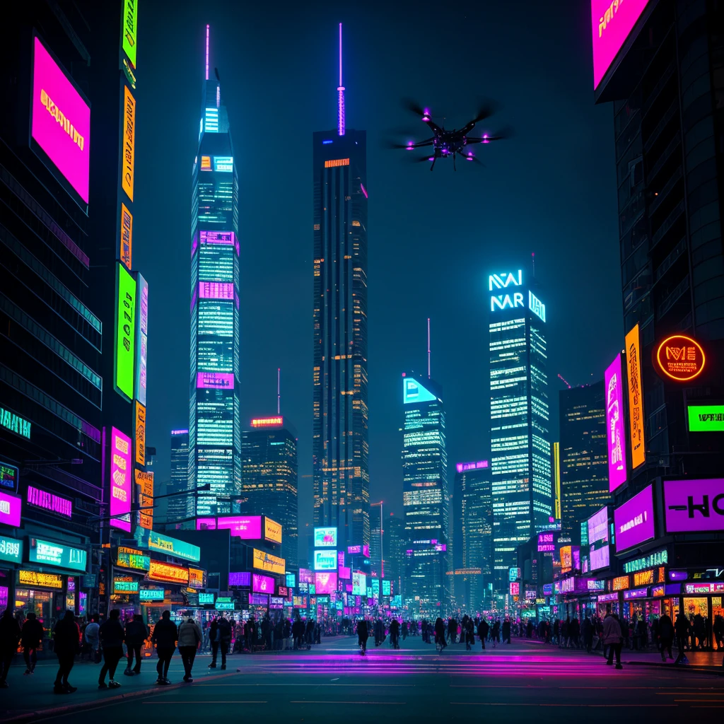 On a busy cyberpunk night, the city glows with intense neon lights in vibrant shades of purple, blue and pink, reflecting on the metal and glass surfaces of skyscrapers. The atmosphere is full of energy, with crowds of people walking through the bright and crowded streets. Advertising holograms float in the air, designing dynamic images and messages, while drones fly overhead, supervising the scene.
The surrounding buildings are tall and imposing., with facades covered in bright signs and digital advertisements that flash incessantly. The streets are full of street vendors, futuristic kiosks and autonomous vehicles gliding smoothly. Among the crowd, the diversity of styles is evident: technological clothing, cybernetic implants and luminous accessories that complement the futuristic aesthetic.
The air is full of sounds — electronic music, murmurs of conversations and the hum of machines — creating an immersive, vibrant setting. The combination of neon lights, population density and futuristic architecture creates a visually stunning and energetically pulsating environment., typical of a cyberpunk future where technology and humanity intertwine in an intense and inseparable way.