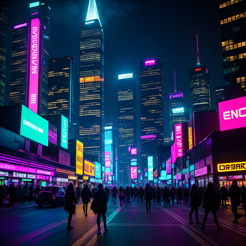 On a busy cyberpunk night, the city glows with intense neon lights in vibrant shades of purple, blue and pink, reflecting on the metal and glass surfaces of skyscrapers. The atmosphere is full of energy, with crowds of people walking through the bright and crowded streets. Advertising holograms float in the air, designing dynamic images and messages, while drones fly overhead, supervising the scene.
The surrounding buildings are tall and imposing., with facades covered in bright signs and digital advertisements that flash incessantly. The streets are full of street vendors, futuristic kiosks and autonomous vehicles gliding smoothly. Among the crowd, the diversity of styles is evident: technological clothing, cybernetic implants and luminous accessories that complement the futuristic aesthetic.
The air is full of sounds — electronic music, murmurs of conversations and the hum of machines — creating an immersive, vibrant setting. The combination of neon lights, population density and futuristic architecture creates a visually stunning and energetically pulsating environment., typical of a cyberpunk future where technology and humanity intertwine in an intense and inseparable way.