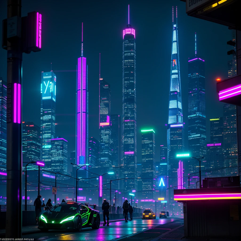 On a busy cyberpunk night, the city glows with intense neon lights in vibrant shades of purple, blue and pink, reflecting on the metal and glass surfaces of skyscrapers. The atmosphere is full of energy, with crowds of people walking through the bright and crowded streets. Advertising holograms float in the air, designing dynamic images and messages, while drones fly overhead, supervising the scene.
The surrounding buildings are tall and imposing., with facades covered in bright signs and digital advertisements that flash incessantly. The streets are full of street vendors, futuristic kiosks and autonomous vehicles gliding smoothly. Among the crowd, the diversity of styles is evident: technological clothing, cybernetic implants and luminous accessories that complement the futuristic aesthetic.
The air is full of sounds — electronic music, murmurs of conversations and the hum of machines — creating an immersive, vibrant setting. The combination of neon lights, population density and futuristic architecture creates a visually stunning and energetically pulsating environment., typical of a cyberpunk future where technology and humanity intertwine in an intense and inseparable way.
