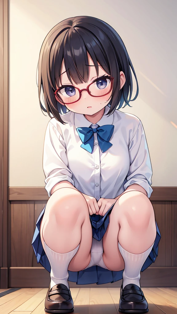 A cute girl in a , short brown hair, squatting down and looking shy, steam rising around her, photographed from below, 1girl, very short hair, white blouse, navy blue skirt, navy blue socks, brown loafers, white panties, red framed glasses, nichijou style, best quality, 4k, 8k, highres, masterpiece:1.2, ultra-detailed, realistic, photorealistic, photo-realistic:1.37, HDR, UHD, studio lighting, ultra-fine painting, sharp focus, physically-based rendering, extreme detail description, professional, vivid colors, bokeh、in a state of arousal and trembling with sexual climax,simple illustration style, in a nichijou (everyday life) setting