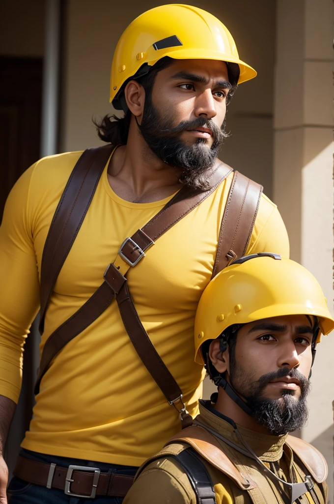 Create an image of a brown man with a small beard, with helmet and feeling of safety, yellow color blouse