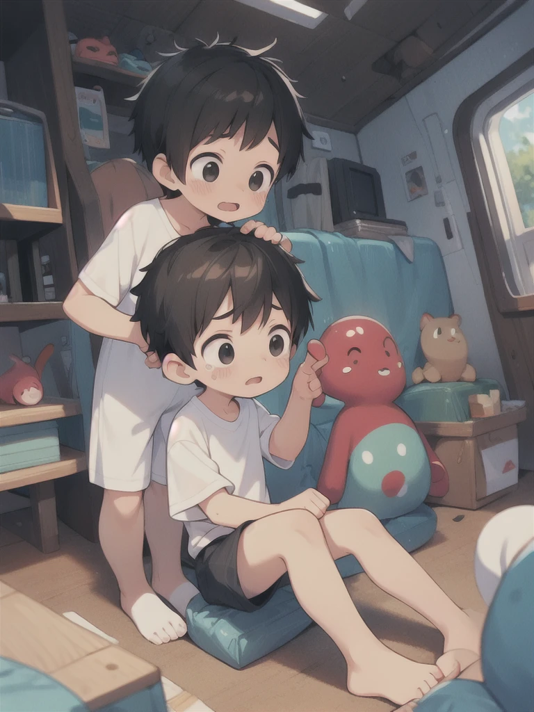 Shota, black hair with white tips. Messy, shoulder-length hair. Pure black eyes. face . Cheeks, red nose and ears. pale skin color. facial expression: Panic eyes. tears. mouth half open. Fleshy and pink lips. arms, legs, body, little ones. CLOTHES:naked. pose: sitting on a lap being held by the hips and trying to remove his hands from his hips. perspective: perspective del chico que le agarra las caderas.