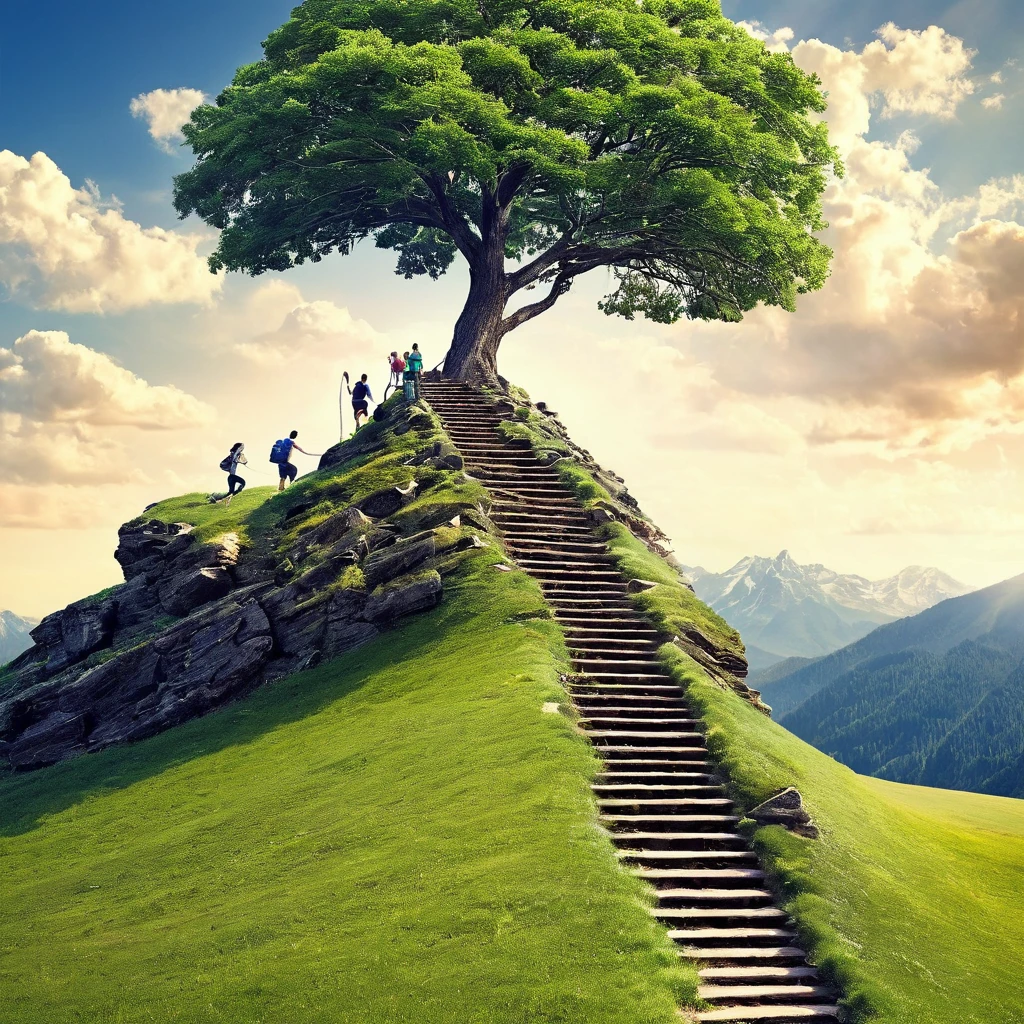 Create an image representing a group of people focused on personal development, social growth, and overcoming stagnation. The image should include the following elements:A Mountain or Staircase: Show someone climbing, symbolizing the effort and journey of growth.Group of People: Include a group of people smiling and interacting, representing socialization and mutual support.Path: Add a road or trail extending to the horizon, indicating a promising future and continuous progress.Growing Tree: Include a robust tree, symbolizing growth and personal development.Open Book: Show an open book, representing learning and self-discovery.Upward Arrows: Add graphics or icons of arrows pointing upwards, showing progress and advancement.The image should have an inspiring and motivational tone, with vibrant colors that convey energy and positivity.