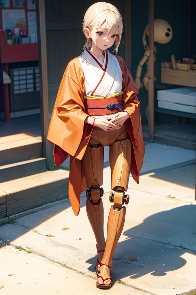 Wooden Humanoid Robot,Wood grain body,child女に似せて作られた,wear the kimono,child,児,Small,Illustrated,((Hand out a towel)),zoom in