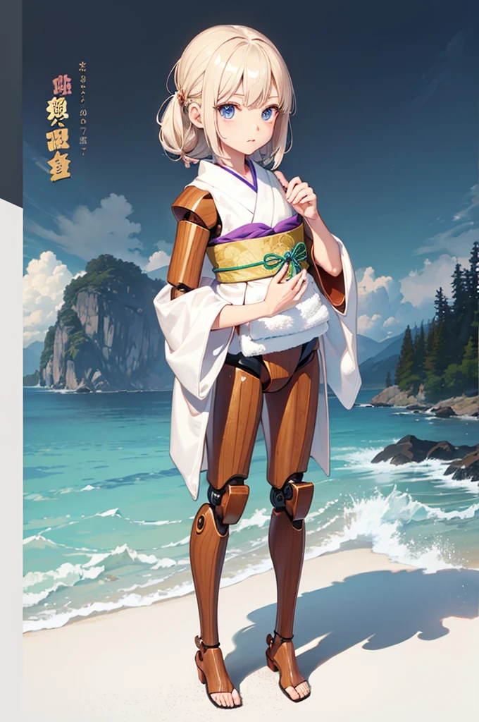 Wooden Humanoid Robot,Wood grain body,child女に似せて作られた,wear the kimono,child,児,Small,Illustrated,((Hand out a towel)),zoom in