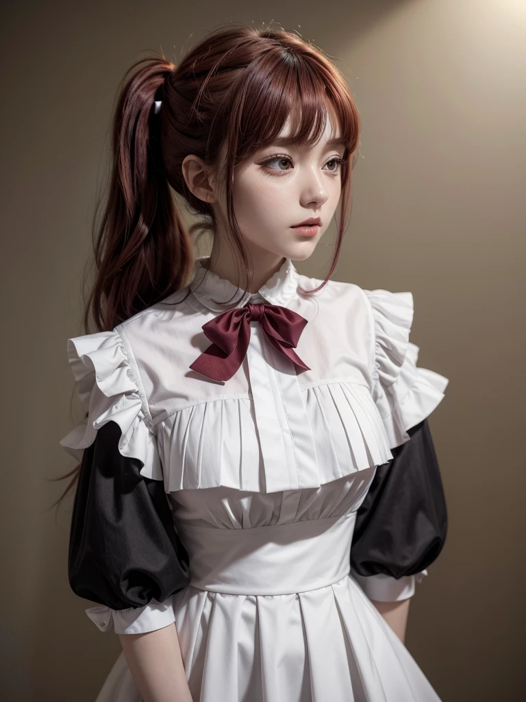 Marin wears a burgundy red wig with double ponytails and even shoulder-length bangs, her back hair being tied into ponytails with fluffy black hair bands that have horns. She also wears attachable pointy ears. Her upper outfit consists of a black long-sleeved blouse with a white ruffled yoke that has a white buttoned collar that extends downward along with a white ribbon. The sleeves are wide and are trimmed by white ruffled sleeves. As the back of Liz-kyun's outfit is not visible in the SuccuIDK manga thanks to the art style and being covered by Liz's hair,