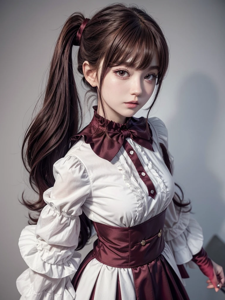 Marin wears a burgundy red wig with double ponytails and even shoulder-length bangs, her back hair being tied into ponytails with fluffy black hair bands that have horns. She also wears attachable pointy ears. Her upper outfit consists of a black long-sleeved blouse with a white ruffled yoke that has a white buttoned collar that extends downward along with a white ribbon. The sleeves are wide and are trimmed by white ruffled sleeves. As the back of Liz-kyun's outfit is not visible in the SuccuIDK manga thanks to the art style and being covered by Liz's hair,