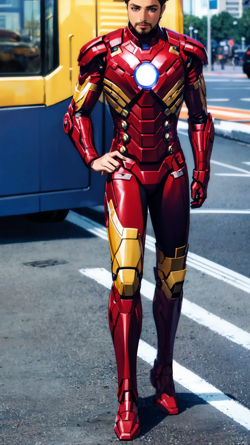 man wearing iron man armor, lorarobertdj, stylish short beard, model photoshoot, 8k UHD, ultra detailed, RAW photography