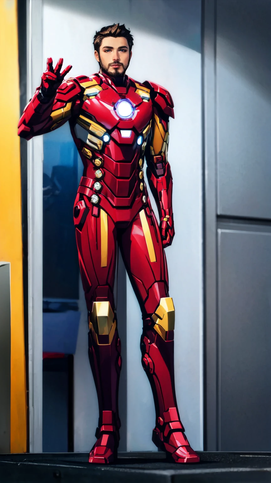 man wearing iron man armor, lorarobertdj, stylish short beard, model photoshoot, 8k UHD, ultra detailed, RAW photography