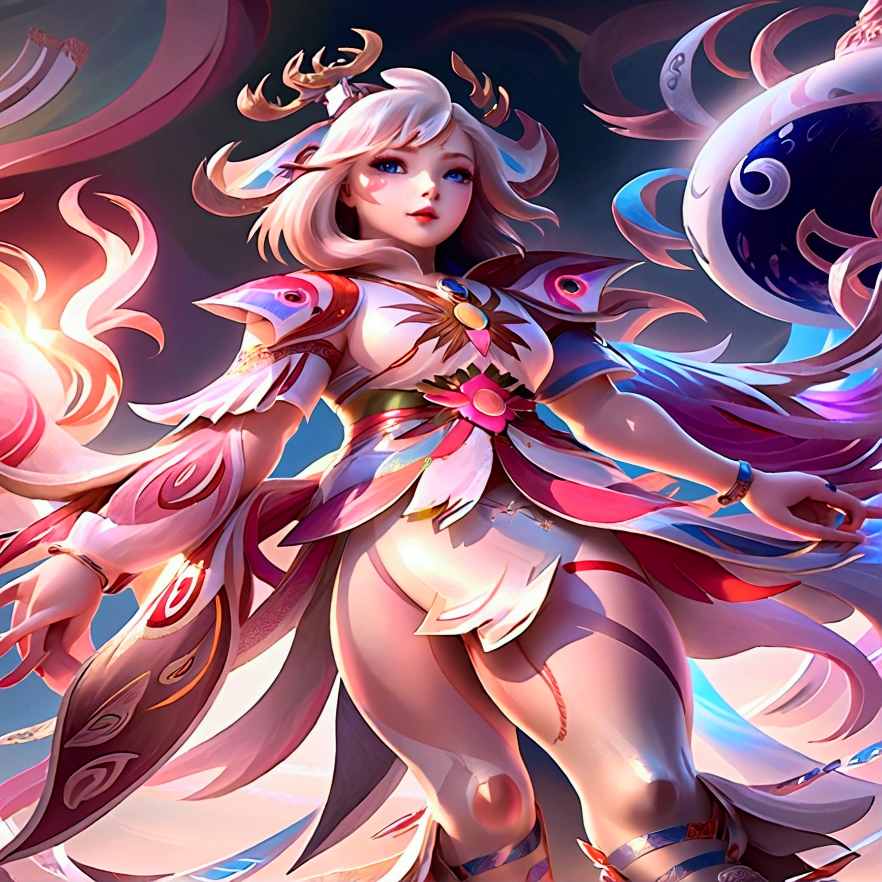 1 girl, solo, high resolution, high quality, masterpiece, detailed, white hair, hime cut, blue eyes, low angle, full body, backlit, ray tracing, 3d rendering, realistic, goddess, moon goddess, moon, angelic face, divine, creative background